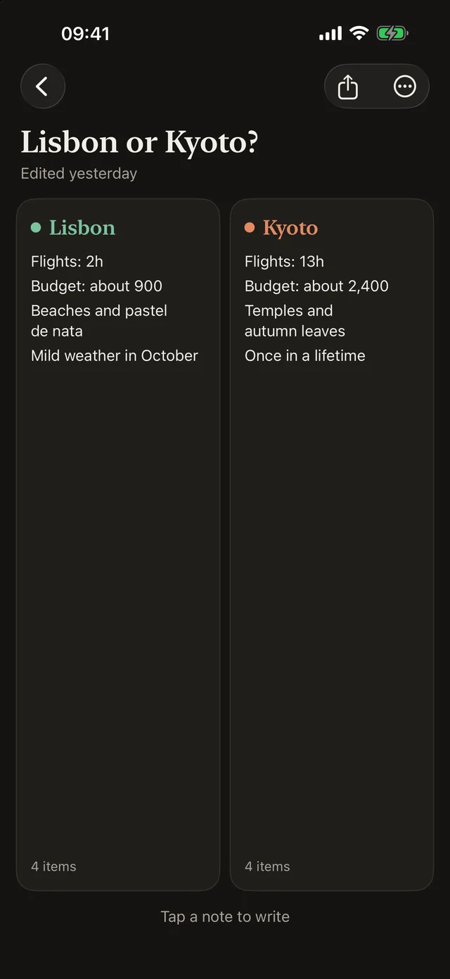 Side Notes in dark mode: the board “Lisbon or Kyoto?” compares two trips.