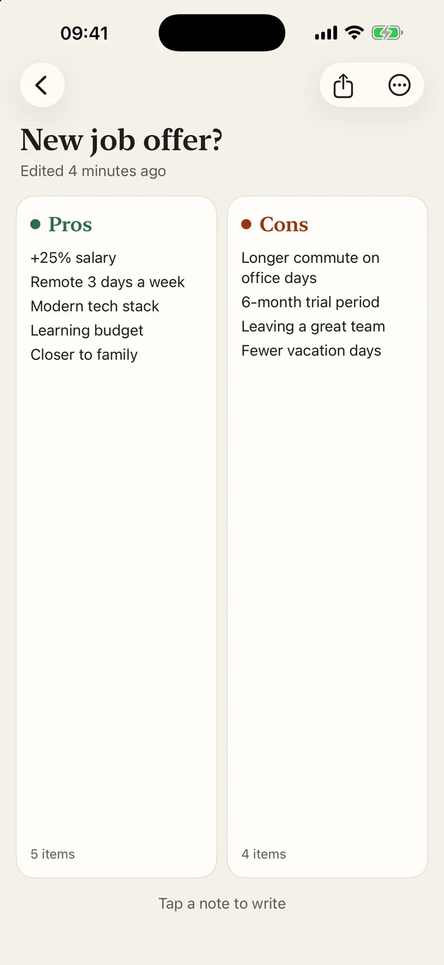 Side Notes on iPhone: the board “New job offer?”, five pros and four cons, side by side.